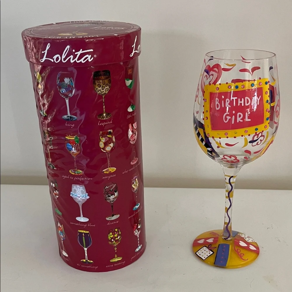 Lolita Birthday Girl 15 oz Wine Glass with Pink and Yellow Design